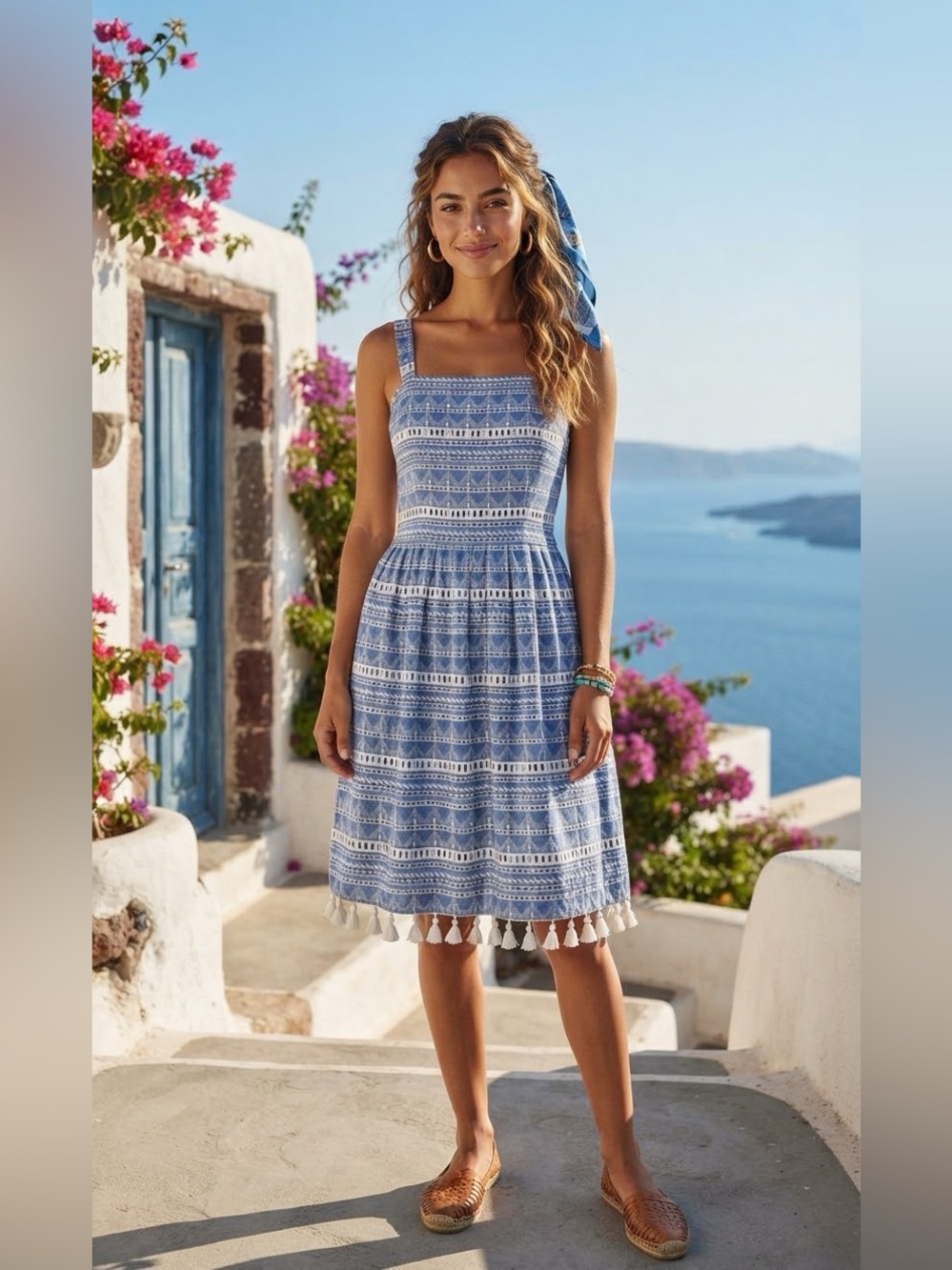 Vince Camuto Blue White Embroidered Tassel Trim Fit & Flare Sundress 4